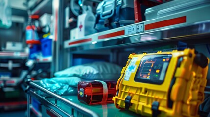 A defibrillator and other emergency medical equipment on a rescue vehicle.