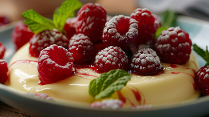 Vanilla pudding with fresh raspberries.