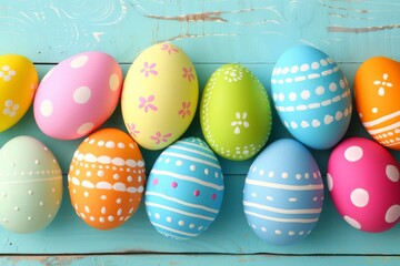 Fototapeta premium Happy Easter Eggs Basket hopeful message. Bunny hopping in flower garden decoration. Adorable hare 3d interior design rabbit illustration. Holy week easter hunt pistachio green card Baby blue