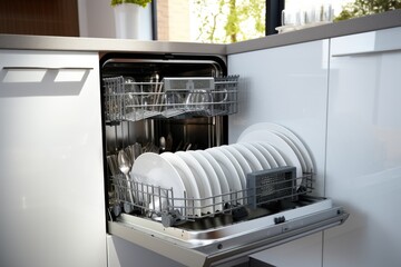 A dishwasher filled with white dishes in a kitchen. Ideal for household and kitchenware concepts