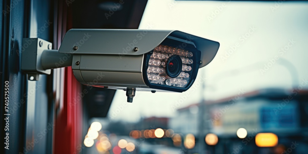Poster close up shot of a camera on a building. suitable for security or surveillance concepts
