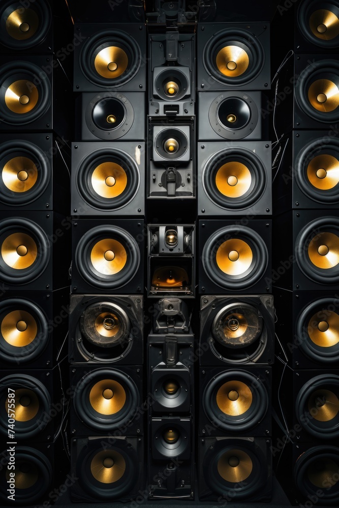 Poster a bunch of speakers stacked on top of each other. ideal for music or technology concepts