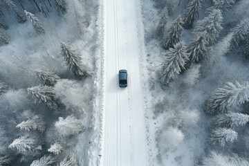 A car driving on a snowy road, suitable for winter travel concepts