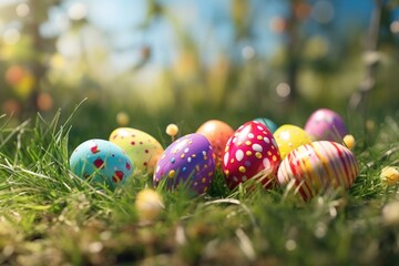 Fototapeta na wymiar Colorful Easter eggs laying in the grass, perfect for Easter holiday designs