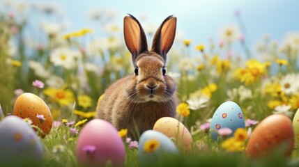 A cute rabbit surrounded by colorful flowers and Easter eggs. Perfect for Easter-themed designs