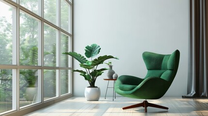 A stylish green armchair placed by a large window with a view of lush greenery.