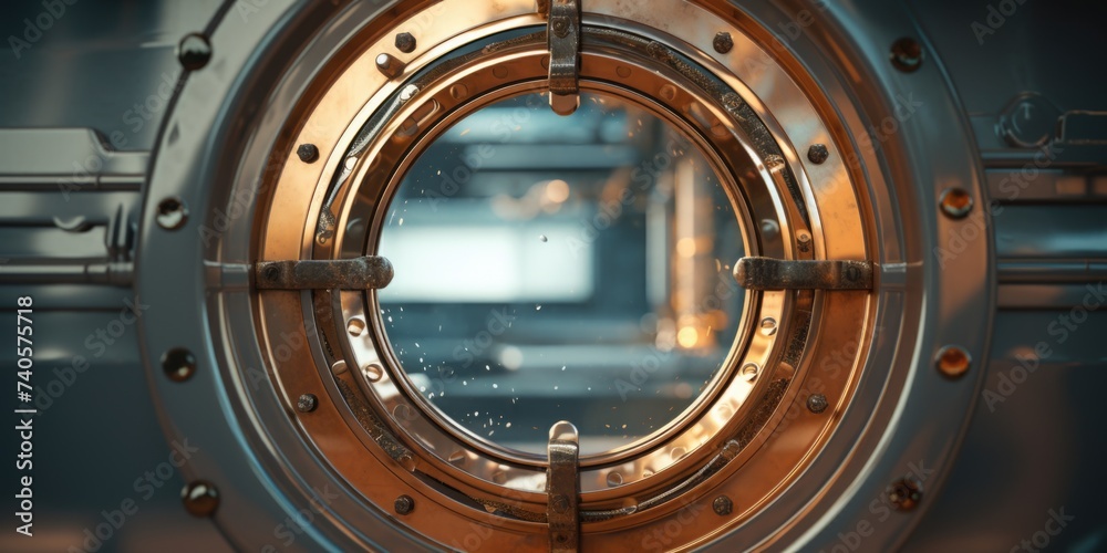 Poster close up of a metal door with a window, suitable for security concepts