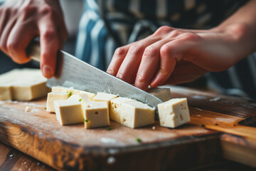 Hand holding a knife and cutting organic tofu on a wooden board, close up view