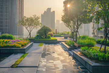 A rooftop garden in the city at dawn, peaceful and lush