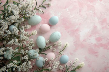 Fototapeta premium Happy Easter Eggs Basket Eggceptional. Bunny hopping in flower Turquoise Forest decoration. Adorable hare 3d space for flyer rabbit illustration. Holy week easter hunt Rose Hue card Folk Tale