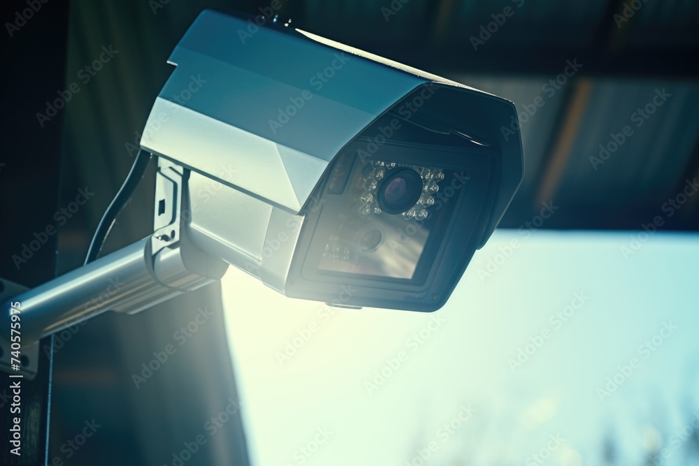 Poster a security camera mounted on a building. useful for surveillance concepts