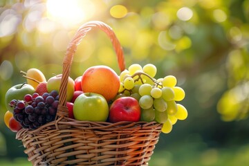 Basket of assorted fresh fruits in sunlight with nature backdrop.