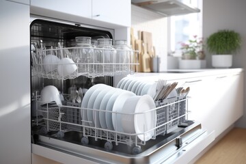 An image of a dishwasher filled with clean dishes, suitable for kitchen-related designs - Powered by Adobe