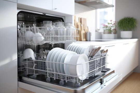 An image of a dishwasher filled with clean dishes, suitable for kitchen-related designs