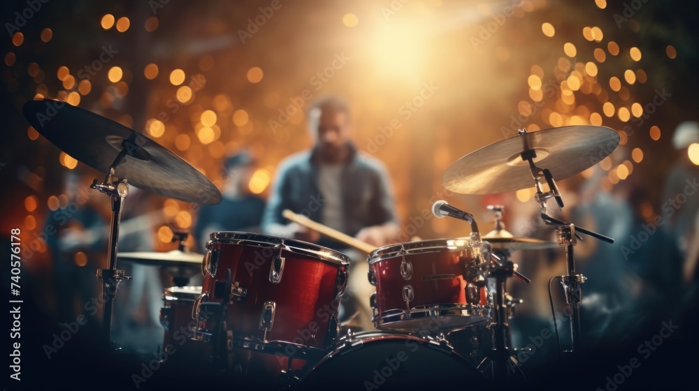Poster a man playing drums in front of a band. ideal for music event promotions