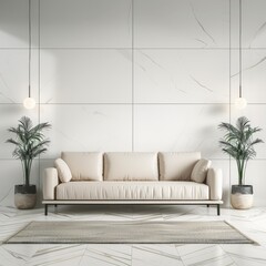 Modern minimalist living room with chic sofa and decorative plants.