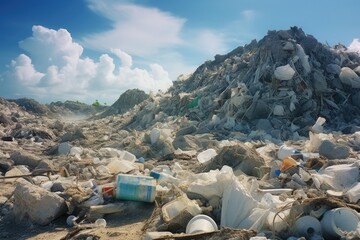 A pile of garbage on a sandy beach, suitable for environmental themes