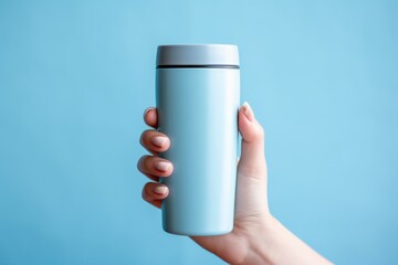 A hand holding a blue and white thermos bottle. Perfect for outdoor activities - obrazy, fototapety, plakaty