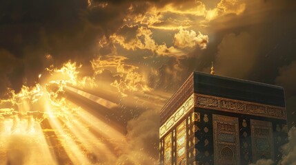kaaba illuminated by the afternoon sun above the clouds - obrazy, fototapety, plakaty