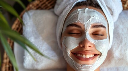 Radiant Woman Relaxing with a Nourishing Facial Mask - obrazy, fototapety, plakaty
