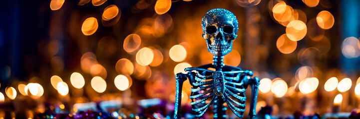 skeleton in a suit on a festive background. Selective focus. - obrazy, fototapety, plakaty
