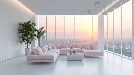 A sleek and airy white modern interior with panoramic windows showcasing a vibrant cityscape at sunset. 
