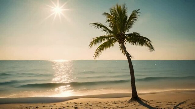 Animated Palm tree on a beach with water in the background sun reflects on the water.