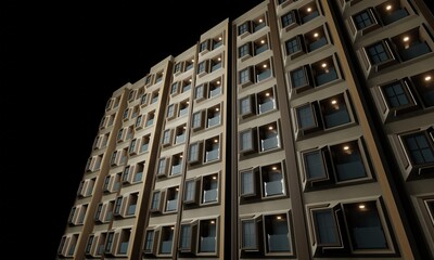 Fototapeta na wymiar Window and balcony hotel at night scene 3d render wallpaper background