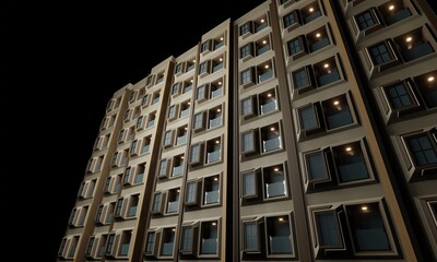 Fototapeta premium Window and balcony hotel at night scene 3d render wallpaper background