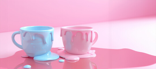 Fototapeta na wymiar A splash and flowed of colorful liquid in a bowl, a cup. An explosion of paint, ink. An immersive, abstract background. 3D rendering. Pastel pink blue concept. art object