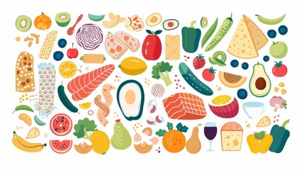 Healthy macronutrients in foods: fiber, protein, fat, and carbohydrates. Flat  illustration of nutrition categories on white background.