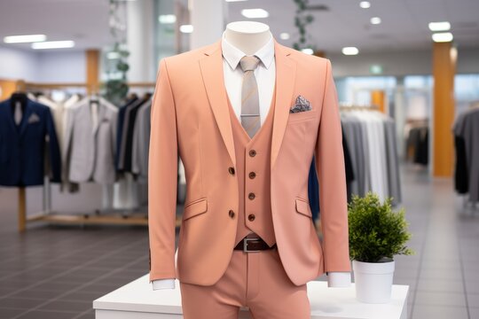 Stylish monochrome men s peach fuzz colored suit on mannequin in modern boutique