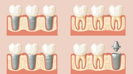 Visual guide for tooth implant procedure with space for descriptive text alongside each step - obrazy, fototapety, plakaty