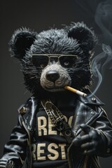 An image of a bear wearing a leather jacket smoking a cigarette with a resist slogan on the background of black