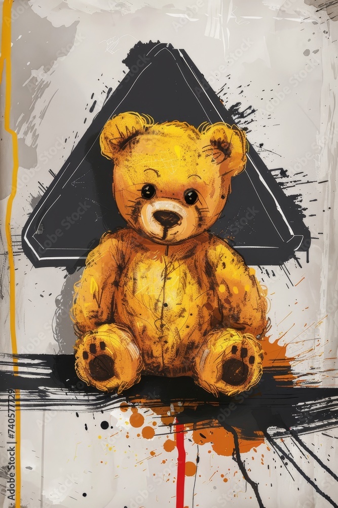 Poster  illustration with warning slogan and bear doll in black paint border