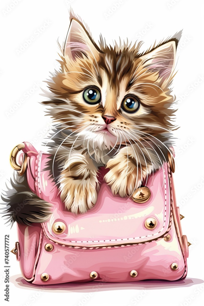 Poster Cute kitten in pink fashion handbag cartoon  illustration