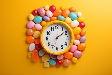 Clock made of pills and capsules on soft pastel colored background, pharmaceutical time concept