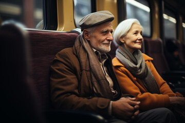 An elderly couple, radiating happiness, sits side-by-side on the train