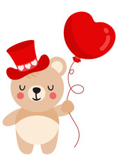 Cute teddy bear with red hat holding a heart balloon