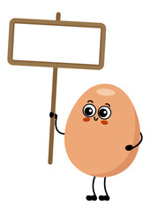 Funny egg mascot holding a blank signboard