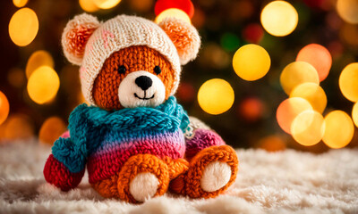 Teddy bear toy on a festive Christmas background. Selective focus.