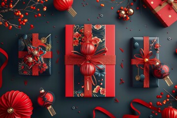  Chinese new year backgrounds. Festive gift card templates with realistic 3D elements. Holiday banners, web posters, flyers, brochures, greeting cards, group bright covers.