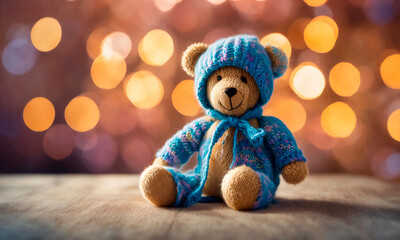 Teddy bear toy on a festive Christmas background. Selective focus.