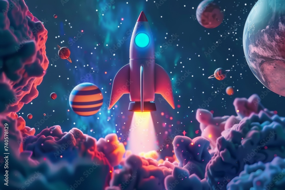 Poster the ship is launching in space around the planets. rocket 3d icon. conceptual business symbols. laun