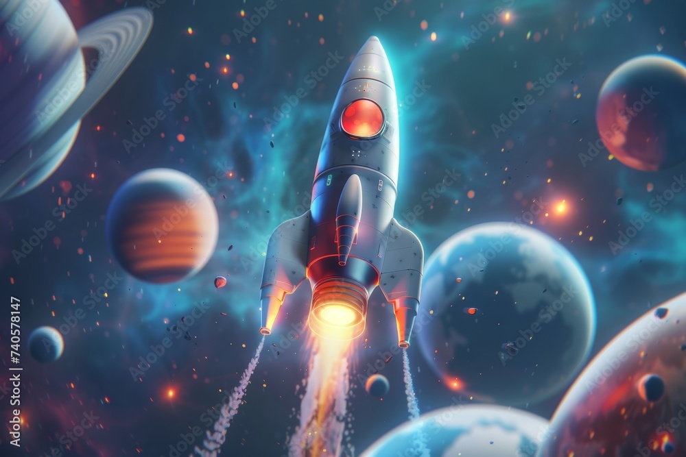 Poster An image of a rocket flying in space around the planets. A 3D rocket icon. Realistic creative conceptual symbols. Logo ship. Launch business product on market.  image.