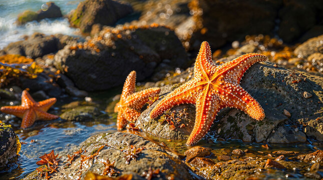Starfish on Rocky Shore During Low Tide
