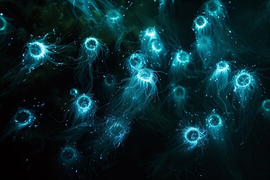 Petites méduses bleues phosphorescentes dans l'océan » IA générative