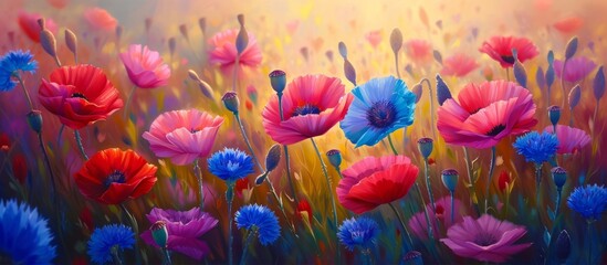 This art piece depicts a vibrant meadow filled with colorful flowers, including magenta petals. The natural landscape is beautifully captured in this painting