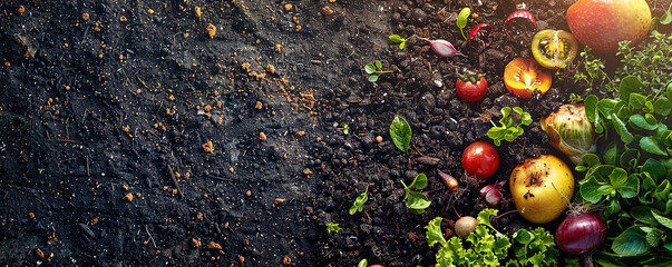 Compost and composted soil in the form of a compost heap from rotting kitchen scraps with fruit and vegetable scraps processed into organic soil for fertilizer as a composite - obrazy, fototapety, plakaty