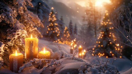 Candles cast a warm glow in a snowy landscape at dusk, creating a tranquil winter scene with a touch of festive magic. AI generative.